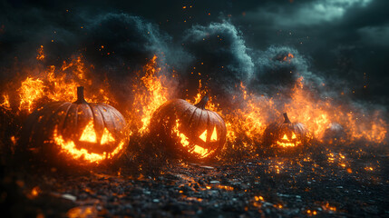 Halloween Pumpkins on a Dark Background Surrounded by Eerie Smoke, Creating a Spooky Atmosphere Perfect for the Halloween Season. These Carved Pumpkins Emanate a Haunting Glow, Invoking the Spirit of 