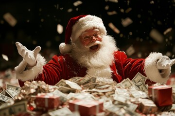 Santa Claus is depicted joyfully surrounded by piles of money and gifts, capturing the fusion of festive generosity and the commercialization of Christmas.