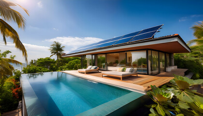 Fototapeta premium A luxury villa with solar panels integrated seamlessly into the roof, featuring an infinity pool and floor-to-ceiling glass walls, set in a tropical landscape
