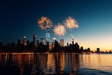 Obraz premium Bright fireworks illuminate the night sky, shimmering over a tranquil city skyline with water reflections, creating a dazzling and celebratory urban ambience.