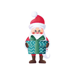 Funny happy Santa Claus with a box gift. Design of a Christmas card, banner, flyer with cartoon vector illustration