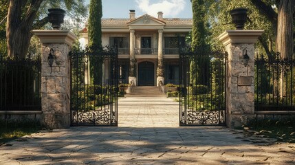 Naklejka premium Elegant stone villa with tall columns and wrought iron gates, 8k, realistic, full ultra HD, high resolution, cinematic photography