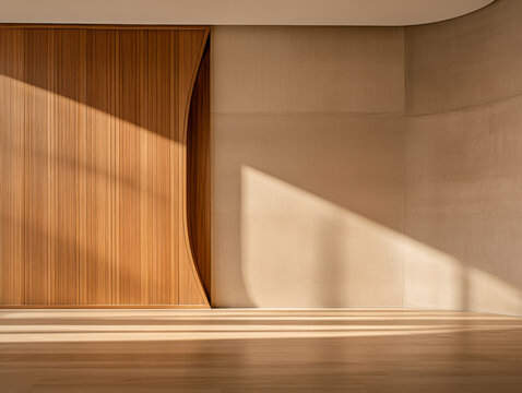 Minimalist interior design featuring wooden accents and natural light in a modern space