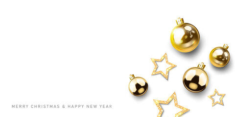 gold christmas balls,stars decorative abstract merry christmas and happy new year celebration white background top view. greeting card,poster and banner vector illustration.
