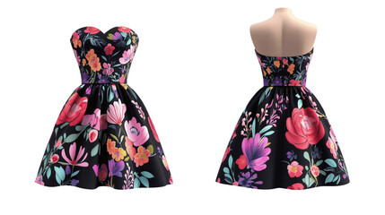 stylized mockup template of a strapless culottes dress with various floral designs showcased from the front and back, vibrant colors, on a transparent backgrounds