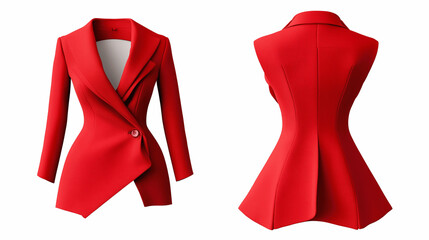 template showcasing strapless blazer mockup, front and back view, an avant-garde asymmetrical cut blazer in bright red , on a transparent backgrounds