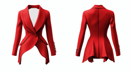 template showcasing strapless blazer mockup, front and back view, an avant-garde asymmetrical cut blazer in bright red , on a transparent backgrounds