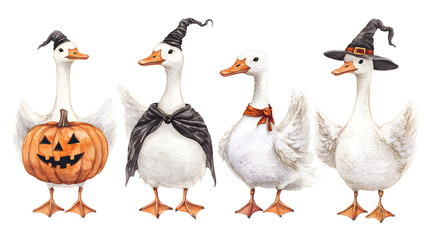 Obraz premium A whimsical Halloween gathering of ducks dressed in festive hats and costumes celebrating the fall season