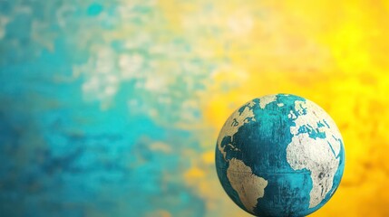 A small blue globe sits against a blue and yellow background.