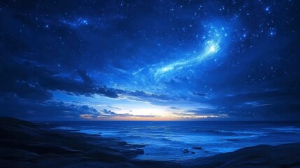 The horizon at twilight with a blue sky overhead, scattered stars, and the soft glow of the galaxy's spiral.