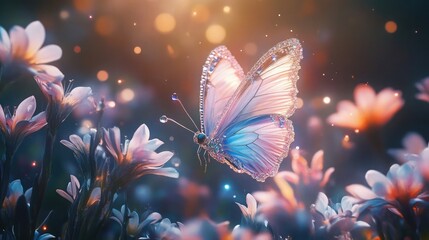Fantasy butterfly with crystal wings, flying through a magical flower garden in a surreal and romantic dreamscape.