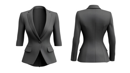 template showing strapless blazer mockup, front and back views, a structured blazer in charcoal grey with slim fit , on a transparent backgrounds