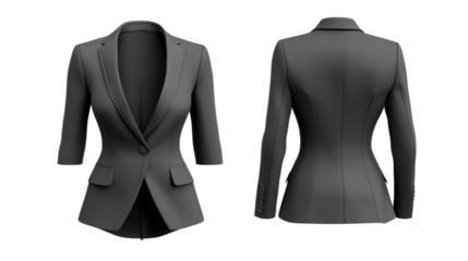 template showing strapless blazer mockup, front and back views, a structured blazer in charcoal grey with slim fit , on a transparent backgrounds