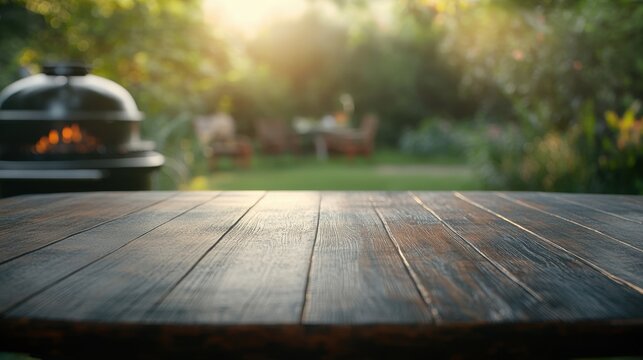 Empty table surface with a backyard BBQ scene blurred in the background, perfect for showcasing products.