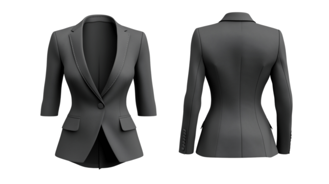 template showing strapless blazer mockup, front and back views, a structured blazer in charcoal grey with slim fit , on a transparent backgrounds