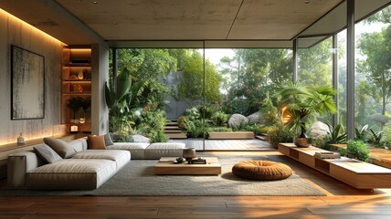 Modern serene living room interior with plush furniture and large glass windows overlooking lush green garden and natural lightmodern