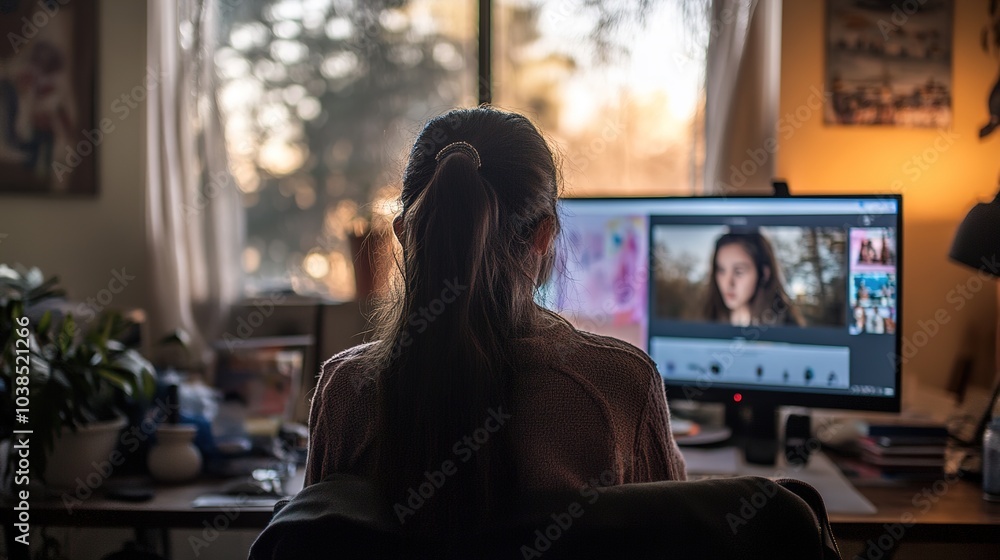 Poster a student attending a remote learning session from home, focused on the screen.