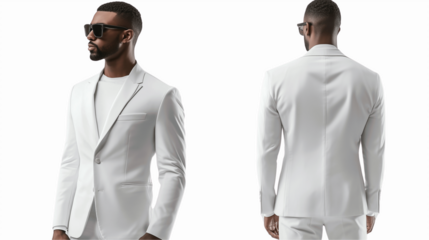 Blazer man mockup in strapless format, front and back view, one side sleek professional, the other trendy streetwear, on a transparent backgrounds