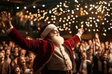 A cheerful Santa Claus with outstretched arms is jubilantly celebrating in front of an enthusiastic crowd under a canopy of twinkling holiday lights.