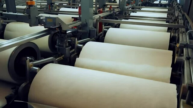 Large rollers turning wet pulp into sheets of paper in a paper mill, with smooth automated processes controlling the drying and cutting phases.
