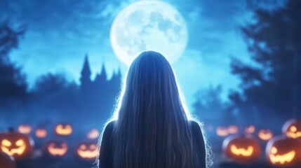 Mysterious woman in moonlight with halloween pumpkins