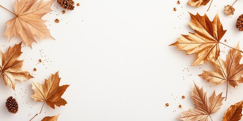 Autumn leaves arranged artistically on a white background.