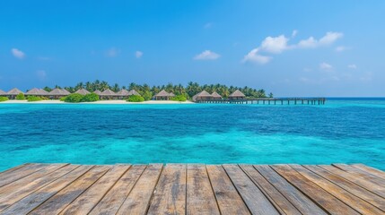 Fototapeta premium Empty wooden table facing the ocean and a tropical island, with a bright blue sky, perfect for summer product photography.
