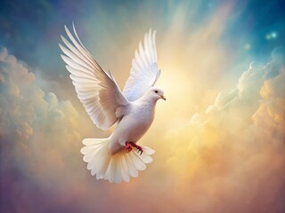 Fototapeta premium Graceful white dove soaring through a pastel vintage backdrop, embodying the essence of freedom—ideal for artistic and conceptual projects requiring a clipping path.