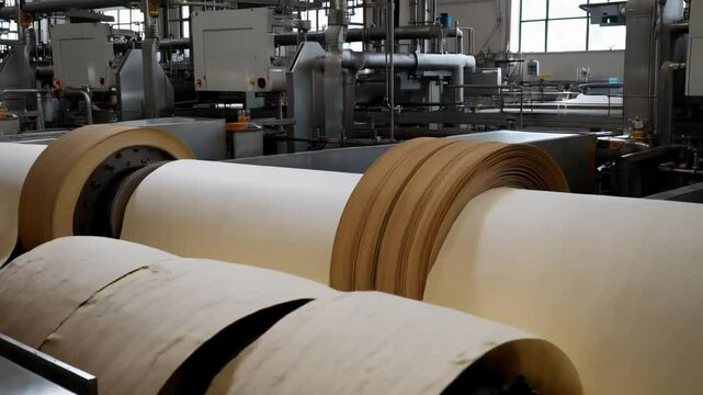 Large rollers turning wet pulp into sheets of paper in a paper mill, with smooth automated processes controlling the drying and cutting phases.
