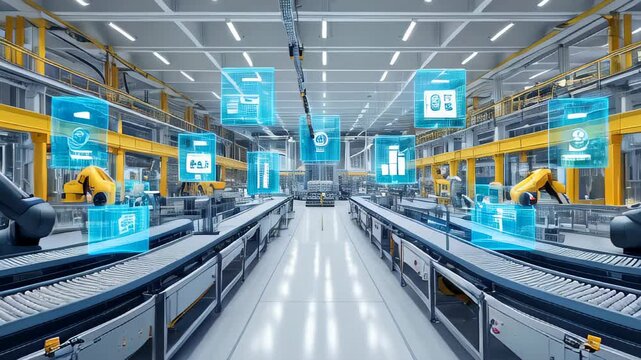 Industrial technology concept. Factory automation. Smart factory. INDUSTRY 4.0. A high-tech automated factory showcasing robotic arms on a production line