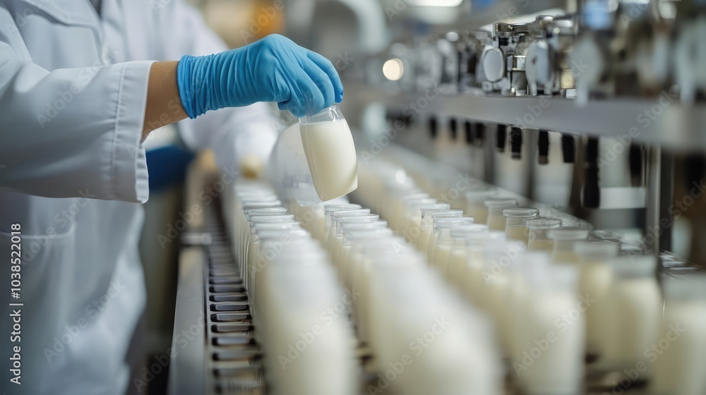 Poster food scientist testing milk samples in a lab, focusing on quality control and product development