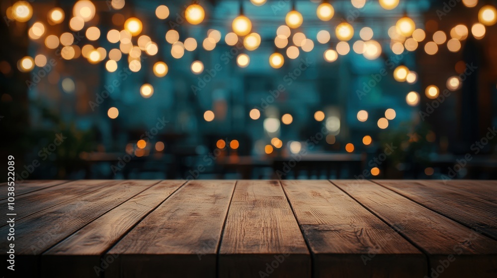 Poster empty wooden table with a background of blurred coffee shop lights, creating a warm and inviting amb
