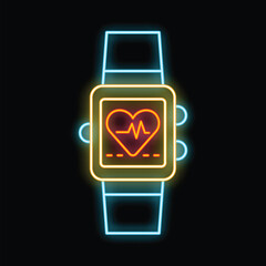 Neon smart watch showing heartbeat icon on black background