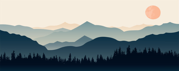 A moody vector landscape featuring mountains, hills, and tree silhouettes at sunset. Soft gradients and twilight tones create an atmospheric scene. Vector illustration.