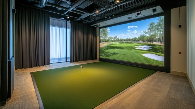A state-of-the-art indoor golf simulator room with high-definition screens, artificial turf, and advanced tracking equipment