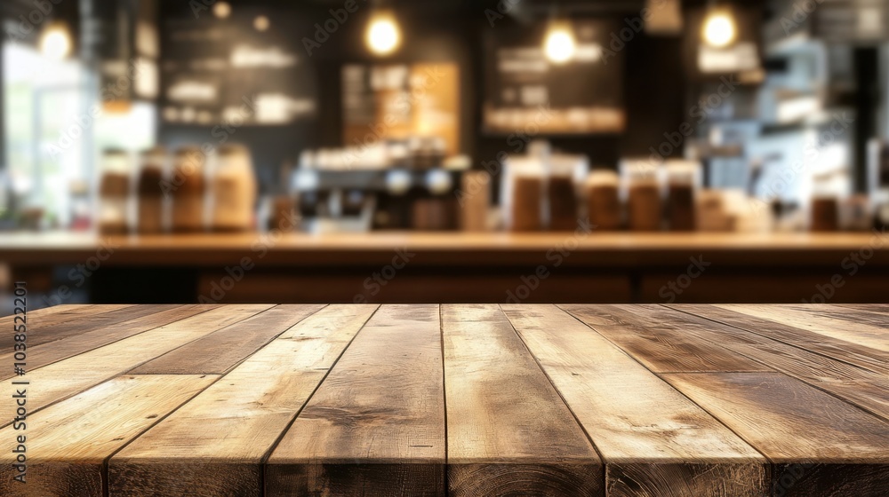 Poster empty wooden table with a background of blurred coffee shop lights, creating a warm and inviting amb