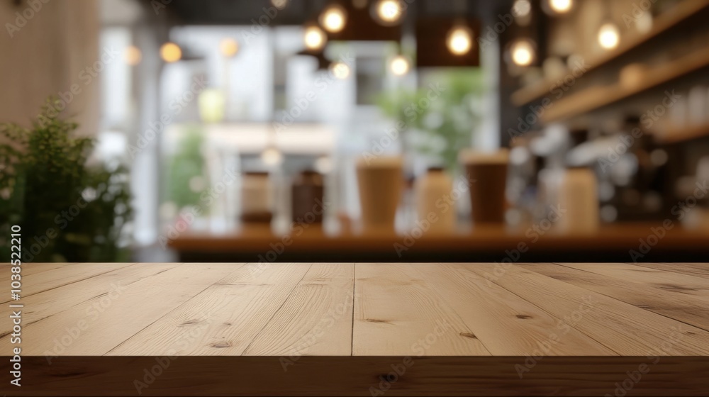Poster empty wooden table with a background of blurred coffee shop lights, creating a warm and inviting amb