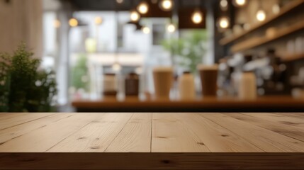 Empty wooden table with a background of blurred coffee shop lights, creating a warm and inviting ambiance for product display.