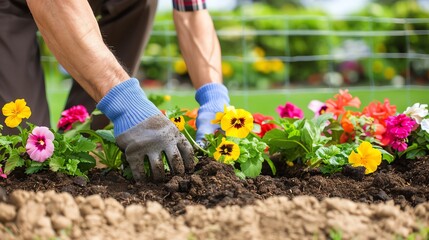 Fototapeta premium A gardener's hands in blue gloves gently plant colorful flowers in a garden bed. The soil is rich and dark, and the flowers are a vibrant mix of yellow, pink, and purple.