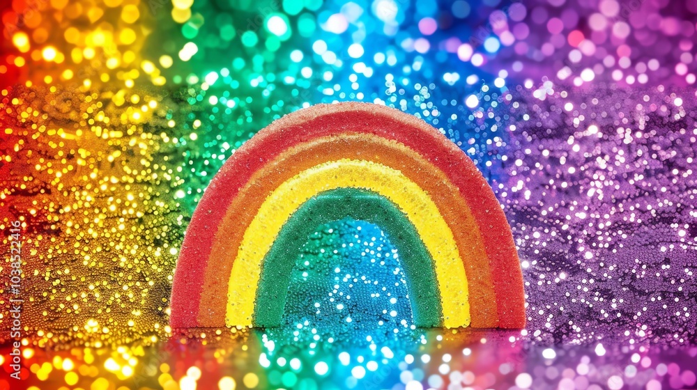 Poster a vibrant rainbow arch stands against a backdrop of colorful bokeh lights, creating a magical and fe