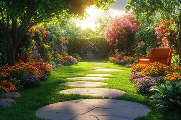 Fototapeta premium Garden images, Serene Garden Oasis with Blossoming Pink Pathway