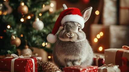 A cute gray rabbit wearing a Santa hat sits in front of a Christmas tree with presents.