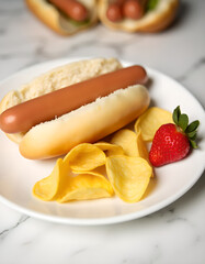 Hot dog with strawberry and chips