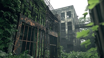Closed factory gates with rusting metal and faded paint, symbolizing the decline of industry and the passage of time, reflecting a poignant reminder of economic shifts and the human impact of change