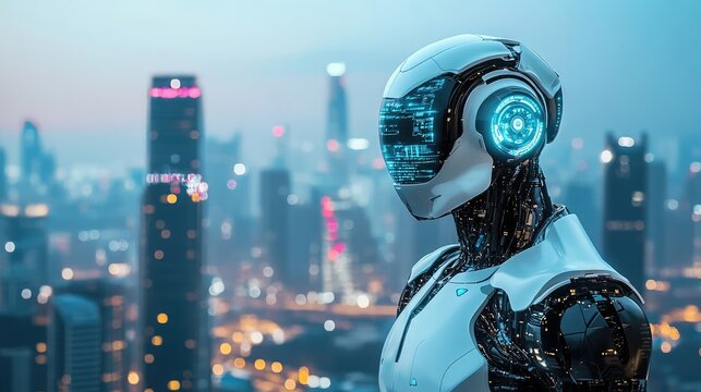 Futuristic cyborg in a cityscape, embodying the integration of artificial intelligence and human life in a high-tech world.