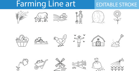 Farm Line Art Icons Editable Stroke Set