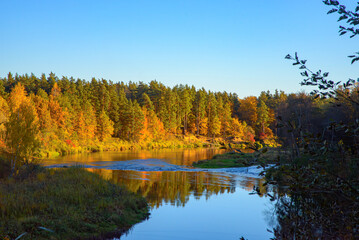 beautiful sunset on the bank of the river in autumn with the reflection of trees in the water