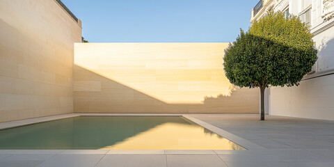 Fototapeta premium Tranquil courtyard with serene pool and lush tree in a minimalist architectural setting