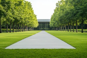 Serene garden pathway through lush green trees