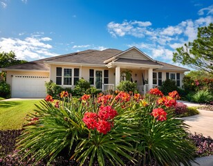 Fototapeta premium Sun-Kissed Serenity: A Florida Home Surrounded by Vibrant Blooms